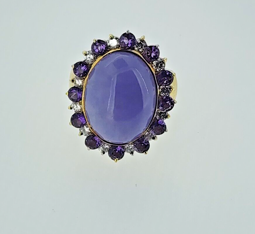 14k Yellow Gold Ring with Purple Jadeite Jade, Diamonds and Amethyst (GIA Report
