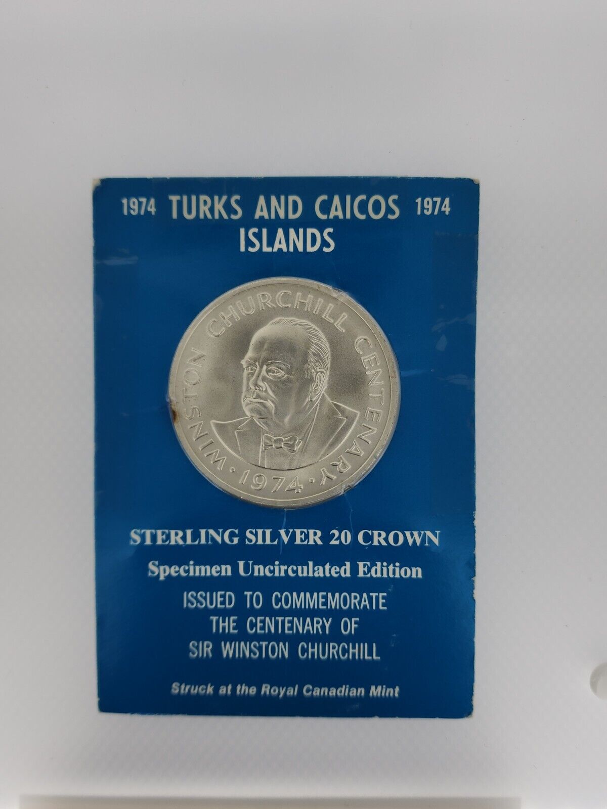 1974 Turks And Caicos Islands Churchill 20 Crown Sterling Silver Coin Packaged