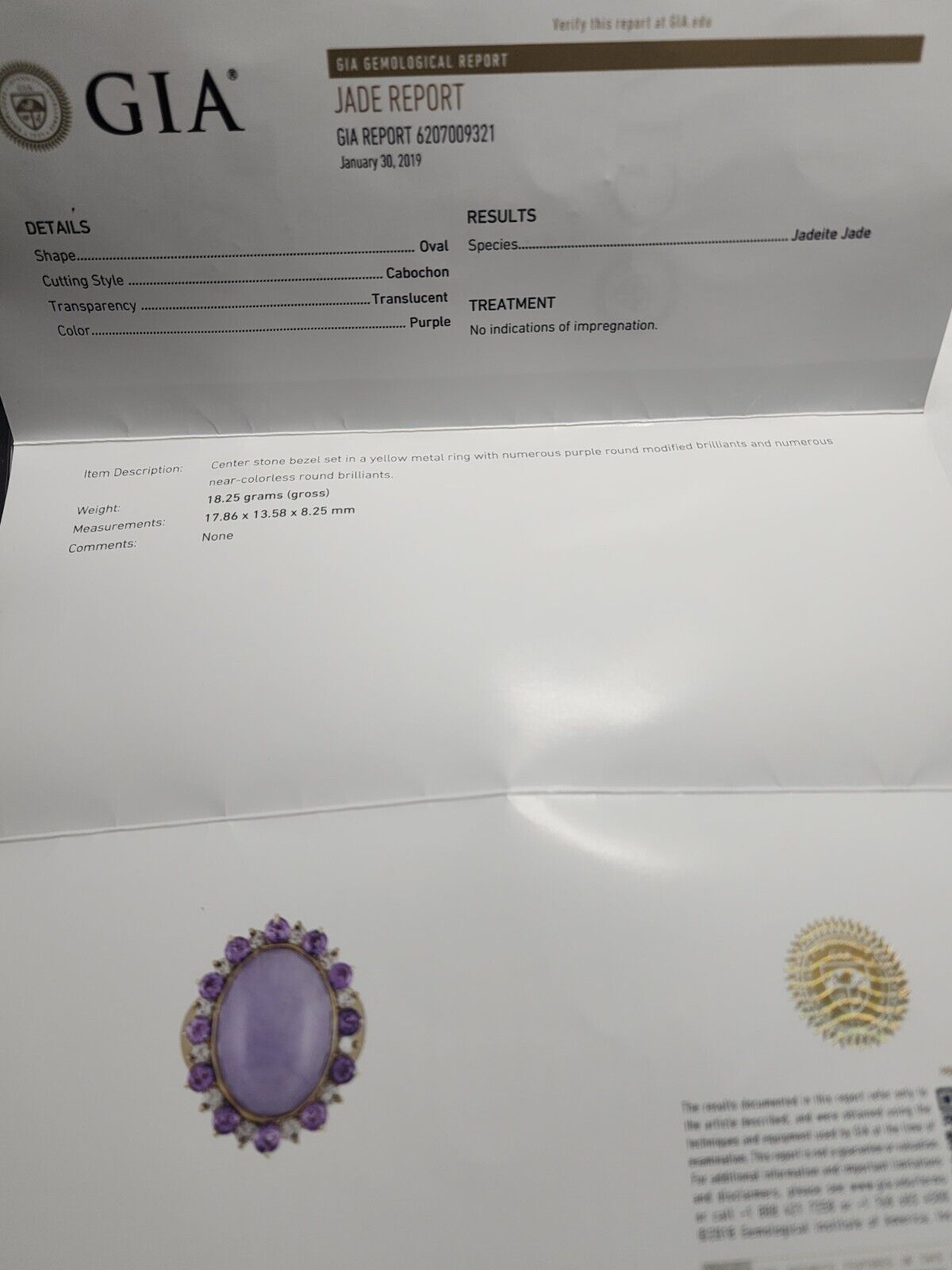 14k Yellow Gold Ring with Purple Jadeite Jade, Diamonds and Amethyst (GIA Report