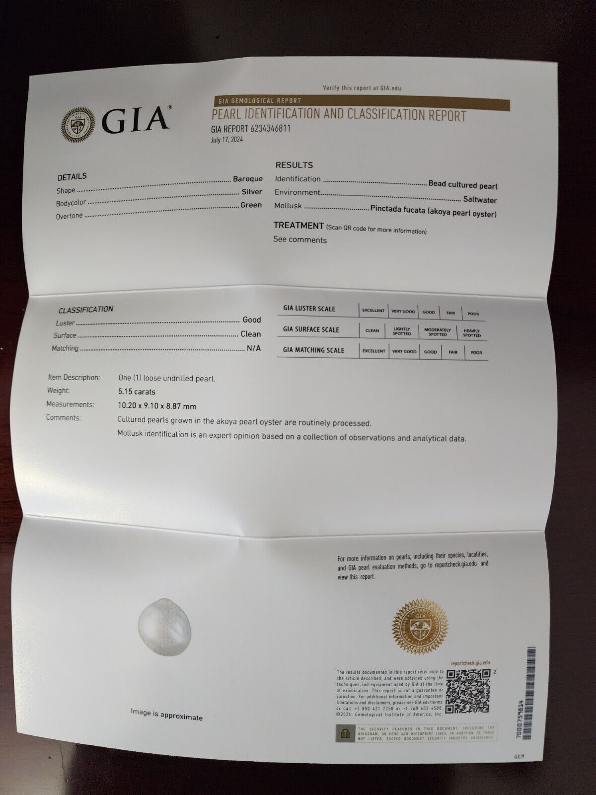 10mm Baroque Green, GIA Report, Cultured Pearl Undrilled, Akoya Pearl Oyster