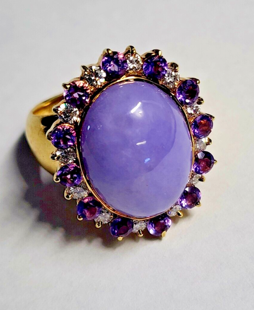 14k Yellow Gold Ring with Purple Jadeite Jade, Diamonds and Amethyst (GIA Report