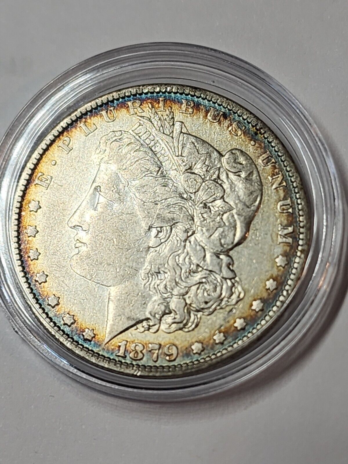 1879 P Morgan Silver Dollar 90% Silver Obverse And Reverse Rainbow Toning - AU