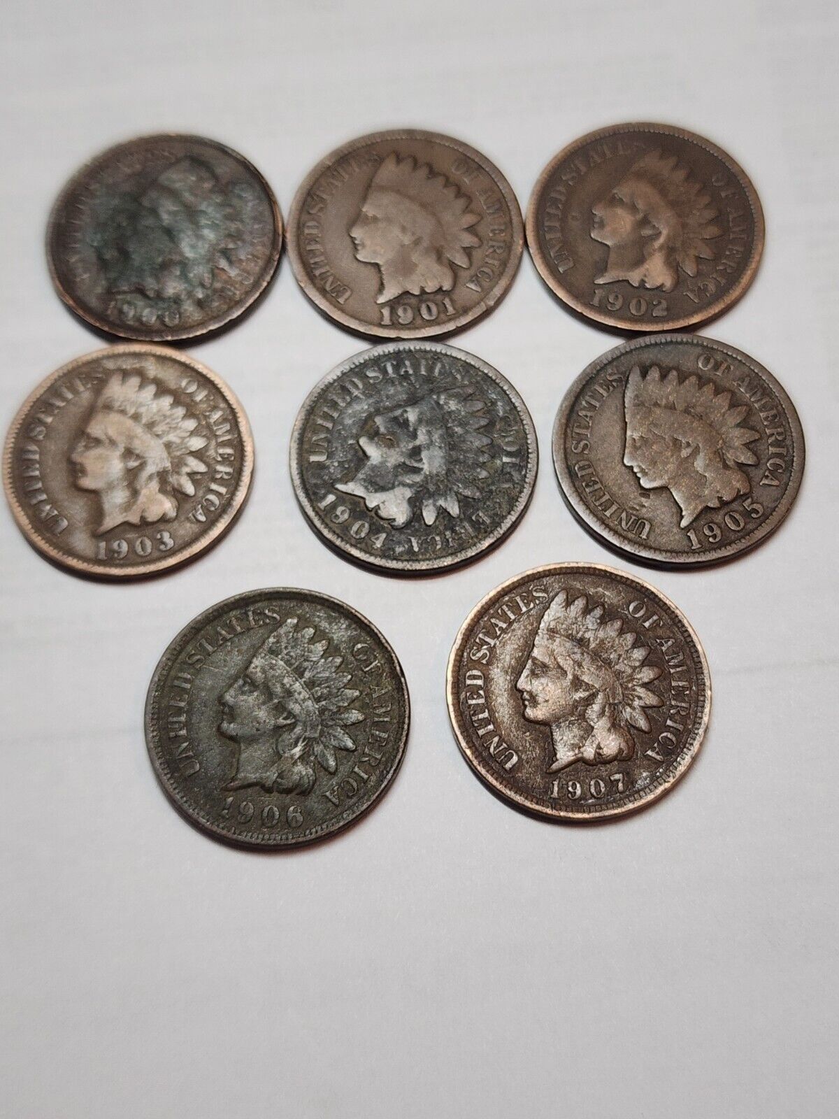 Lot of 8 - 1900-1908 Indian Head Cent Penny Coins - Circulated - Variety 3