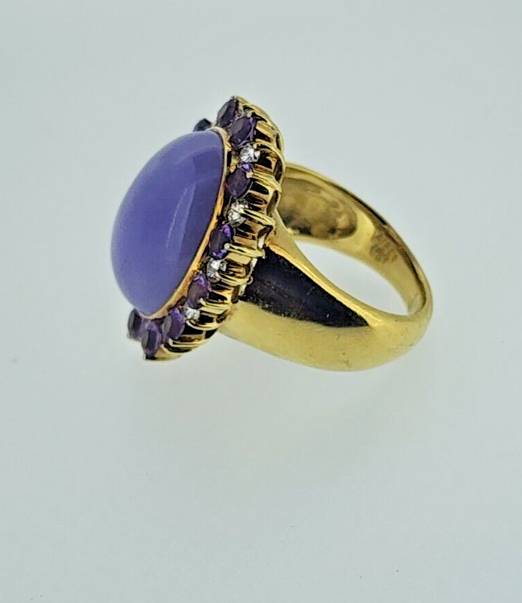 14k Yellow Gold Ring with Purple Jadeite Jade, Diamonds and Amethyst (GIA Report