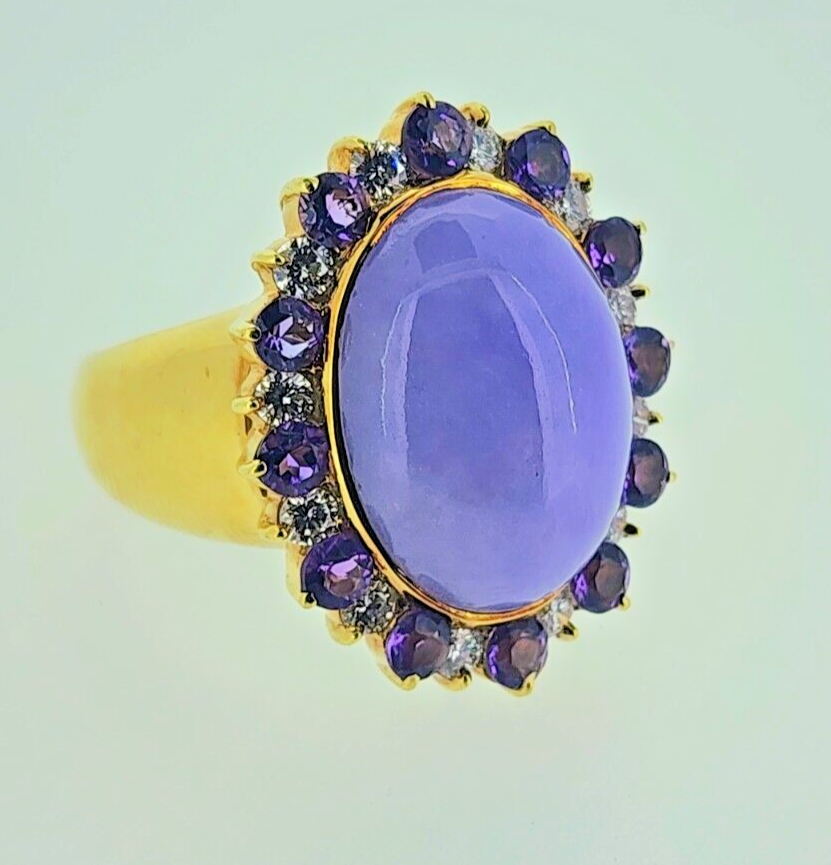 14k Yellow Gold Ring with Purple Jadeite Jade, Diamonds and Amethyst (GIA Report