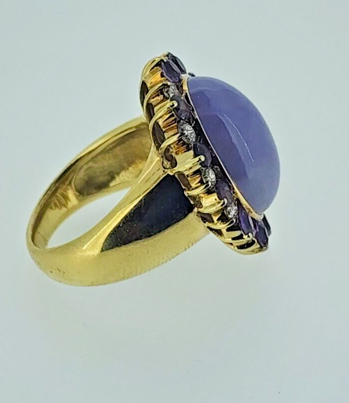 14k Yellow Gold Ring with Purple Jadeite Jade, Diamonds and Amethyst (GIA Report