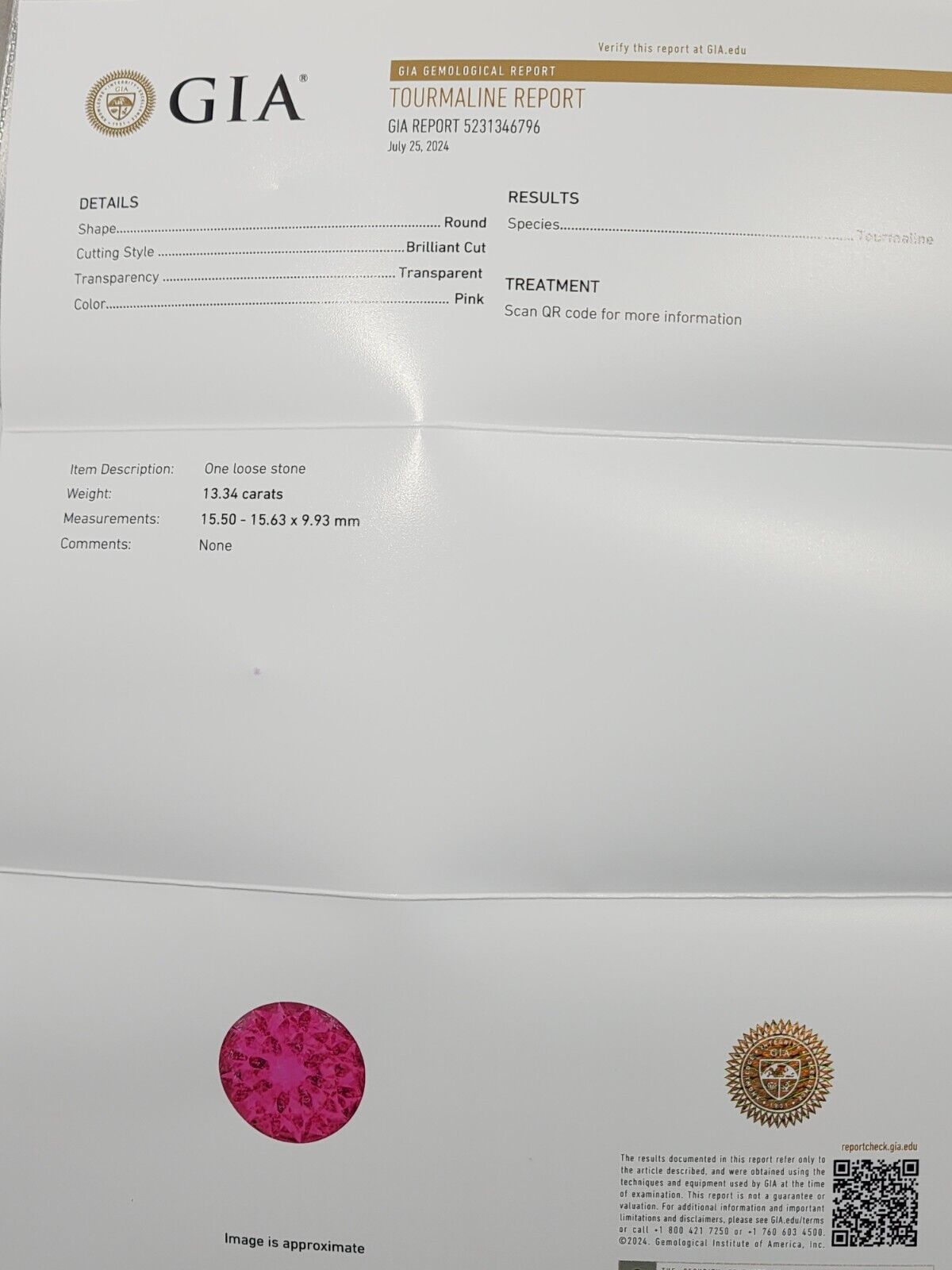 13.34 Vivid Pink Round Tourmaline, GIA Report, Amazing Stone