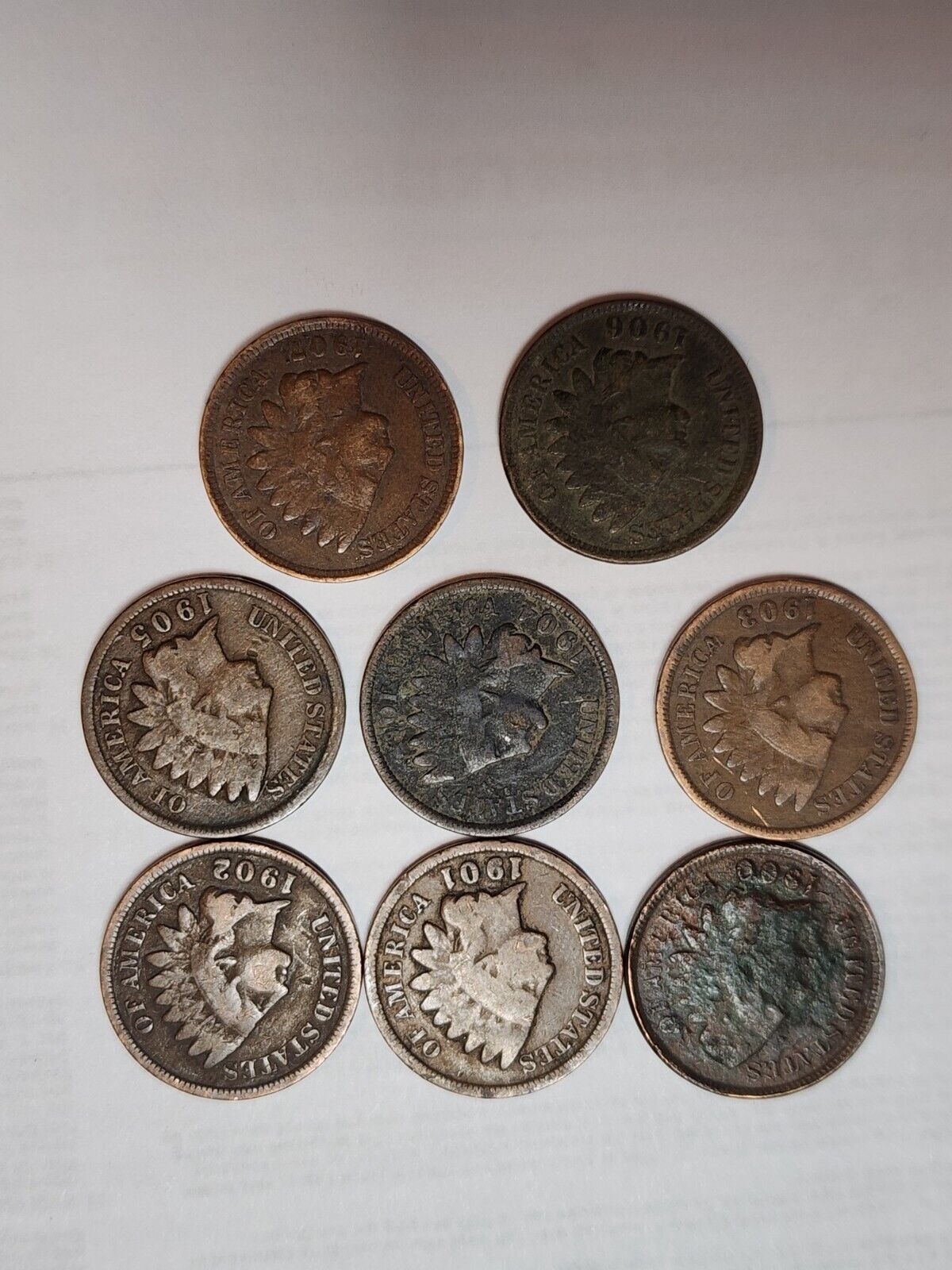 Lot of 8 - 1900-1908 Indian Head Cent Penny Coins - Circulated - Variety 3
