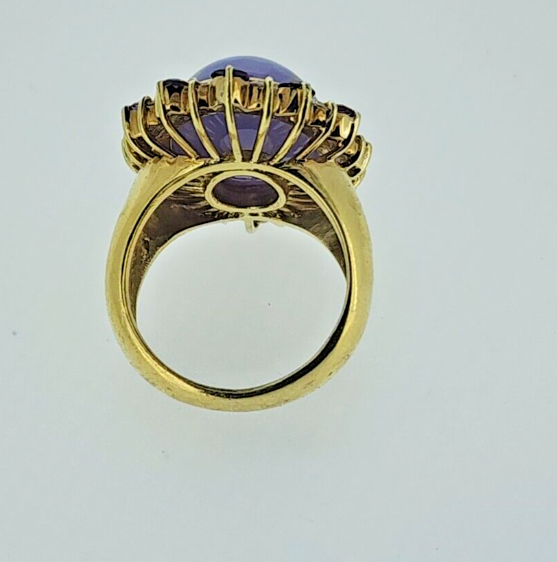 14k Yellow Gold Ring with Purple Jadeite Jade, Diamonds and Amethyst (GIA Report