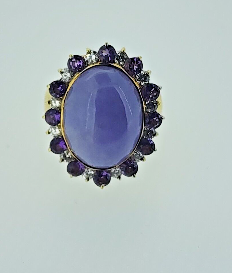 14k Yellow Gold Ring with Purple Jadeite Jade, Diamonds and Amethyst (GIA Report