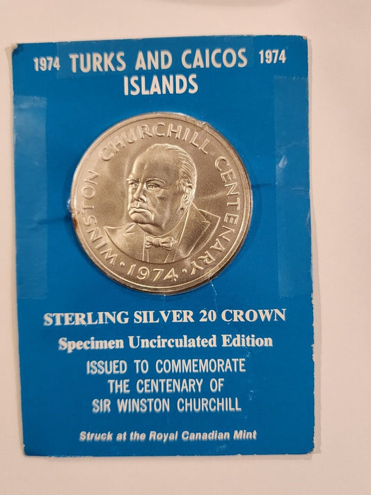 1974 Turks And Caicos Islands Churchill  20 Crown Sterling Silver Coin Packaged